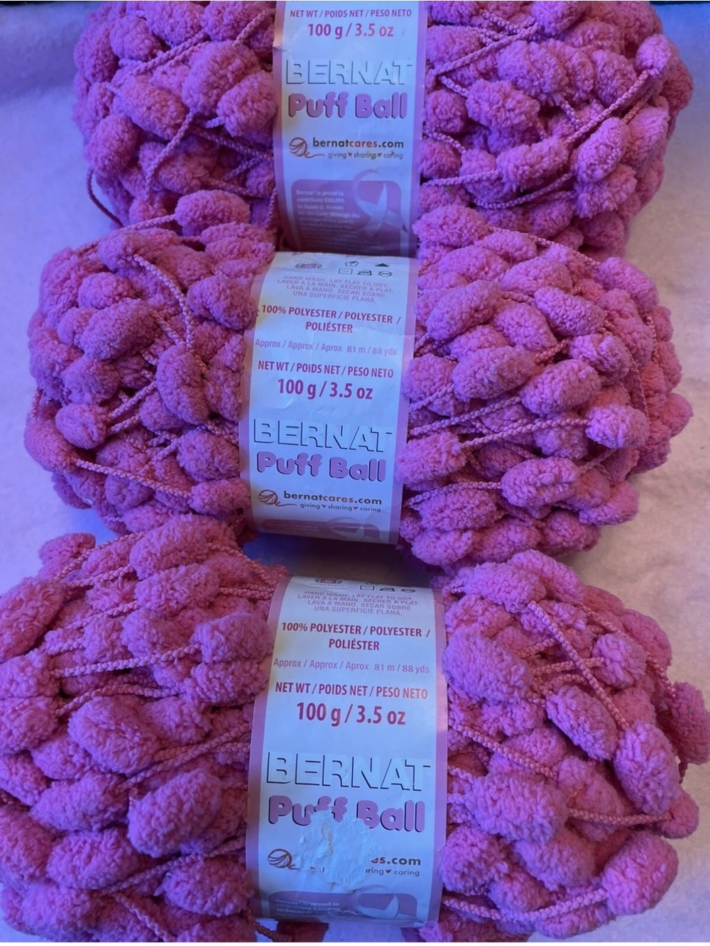 Bernat puff ball yarn lot 3 pink new